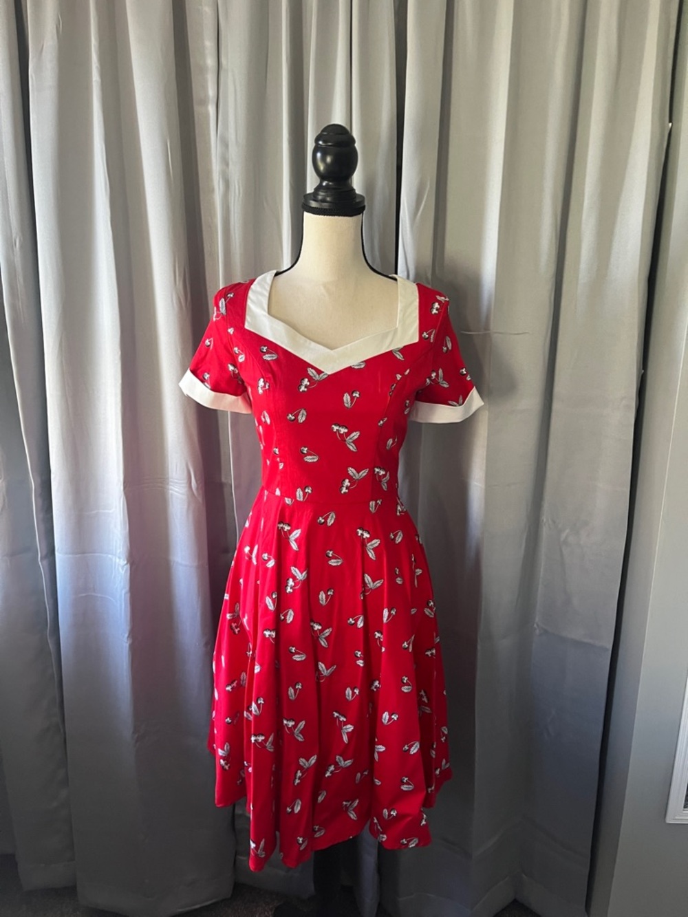 Vintage style Classic Red V‑Neck Midi Dress with White Trim and cherry print